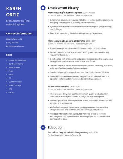 Manufacturing/Industrial Engineer Resume