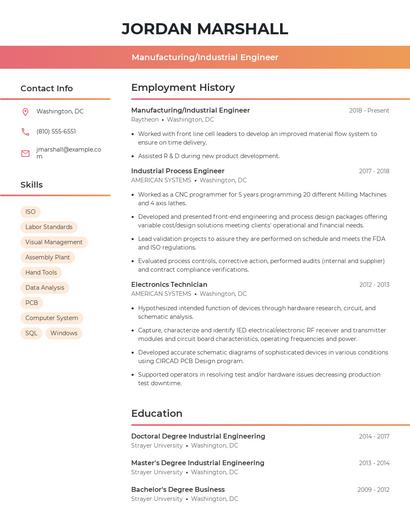 Manufacturing/Industrial Engineer Resume