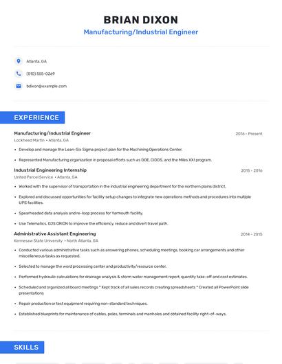 Manufacturing/Industrial Engineer Resume