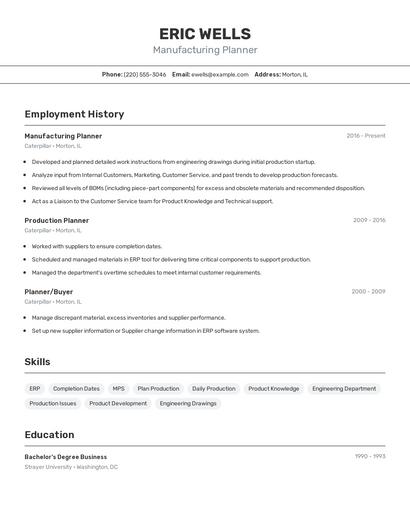 Manufacturing Planner Resume