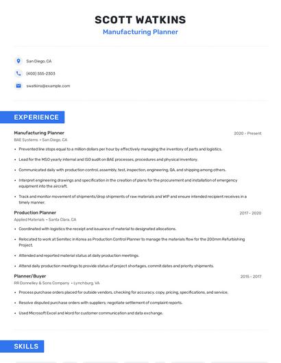Manufacturing Planner Resume