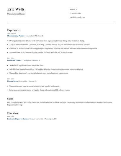 Manufacturing Planner Resume
