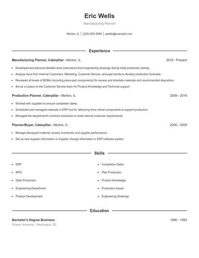 Manufacturing Planner Resume