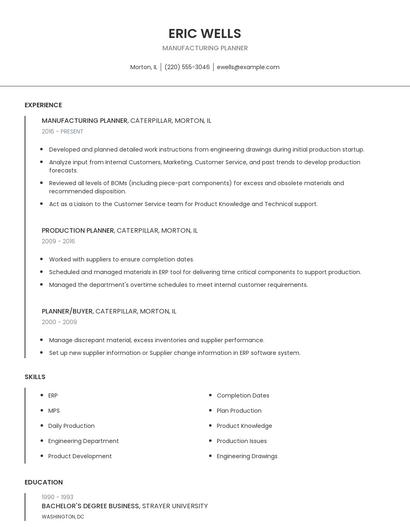Manufacturing Planner Resume