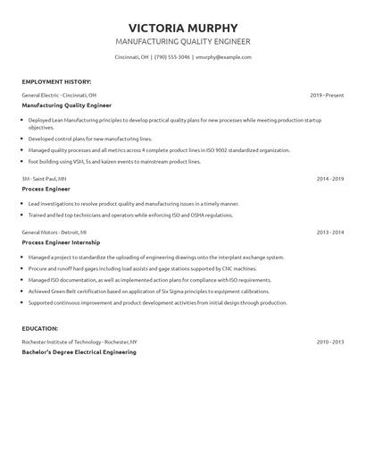 Manufacturing Quality Engineer Resume
