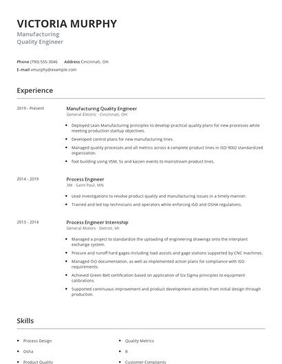 Manufacturing Quality Engineer Resume