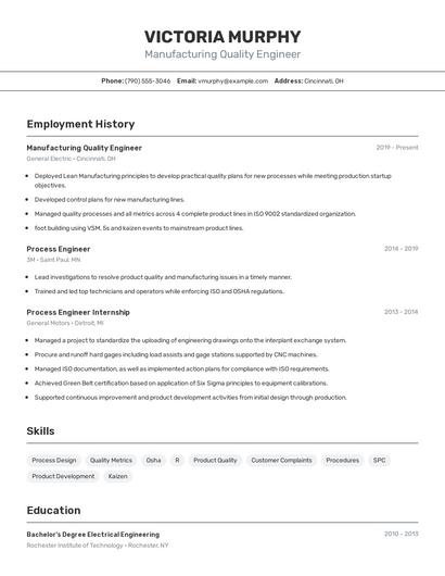 Manufacturing Quality Engineer Resume