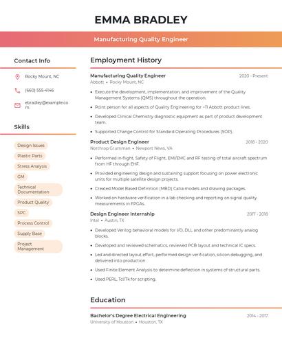 Manufacturing Quality Engineer Resume