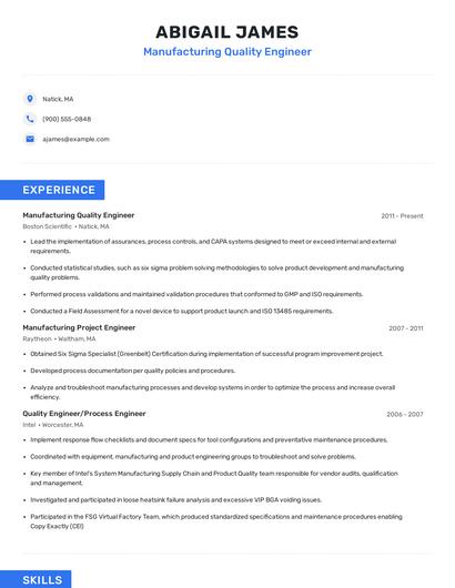 Manufacturing Quality Engineer Resume