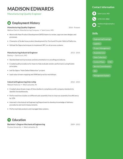Manufacturing Quality Engineer Resume
