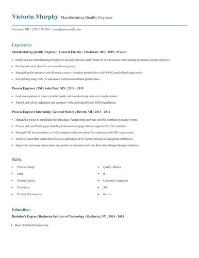 Manufacturing Quality Engineer Resume
