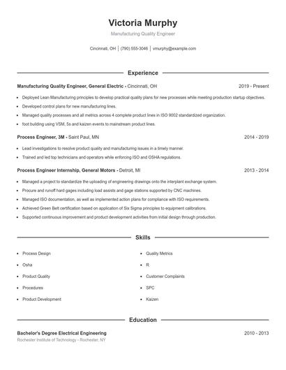 Manufacturing Quality Engineer Resume