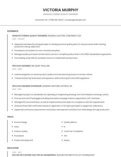 Manufacturing Quality Engineer Resume