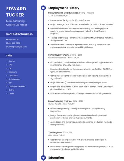 Manufacturing Quality Manager Resume