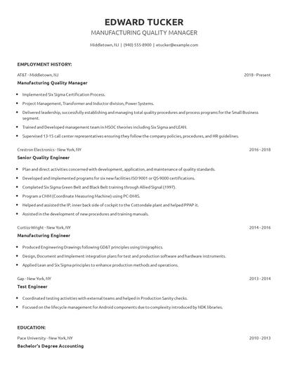 Manufacturing Quality Manager Resume