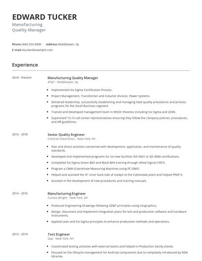 Manufacturing Quality Manager Resume