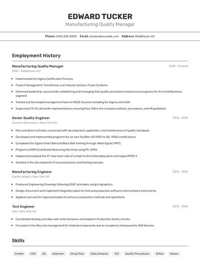 Manufacturing Quality Manager Resume