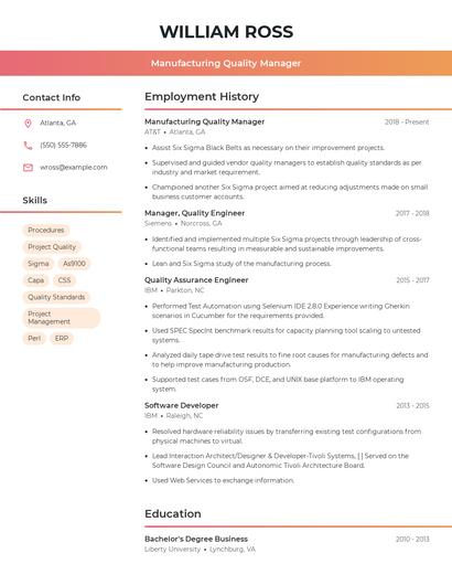 Manufacturing Quality Manager Resume