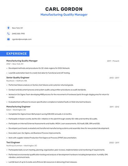Manufacturing Quality Manager Resume