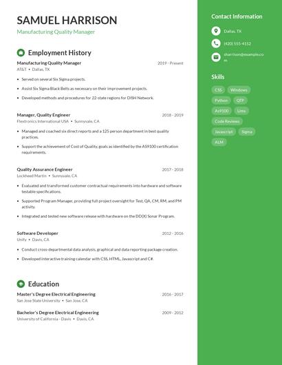 Manufacturing Quality Manager Resume