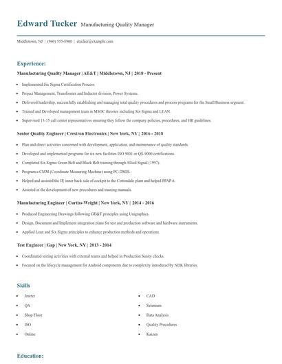 Manufacturing Quality Manager Resume