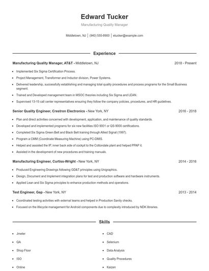 Manufacturing Quality Manager Resume