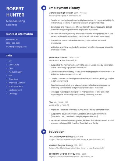 Manufacturing Scientist Resume