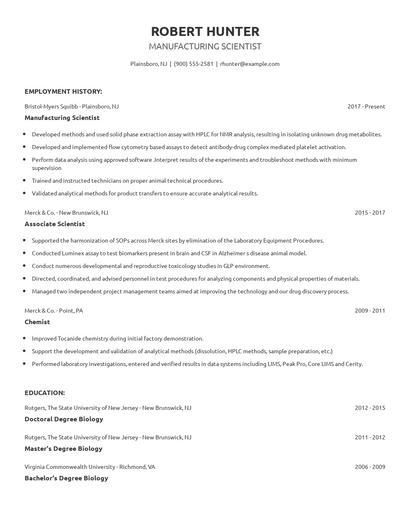 Manufacturing Scientist Resume