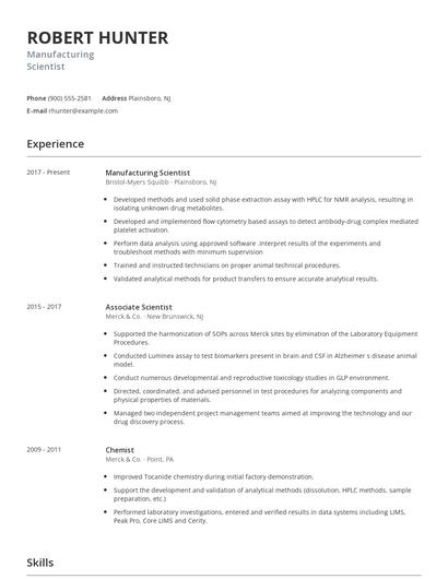 Manufacturing Scientist Resume