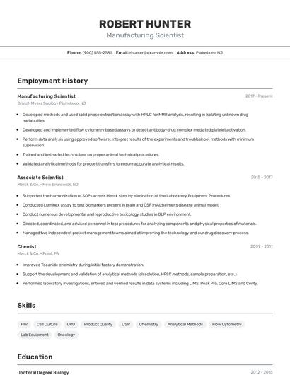 Manufacturing Scientist Resume