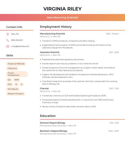 Manufacturing Scientist Resume