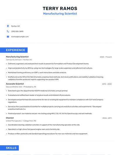 Manufacturing Scientist Resume