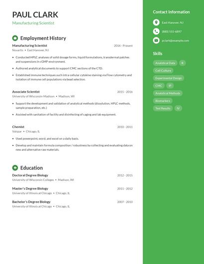Manufacturing Scientist Resume