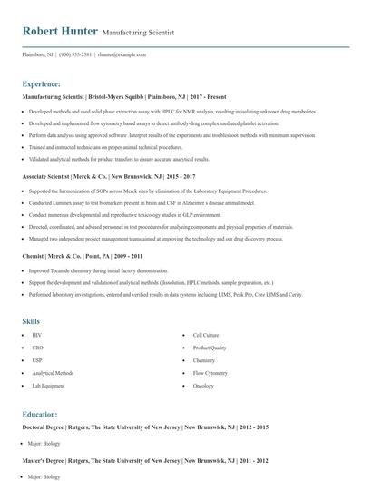 Manufacturing Scientist Resume