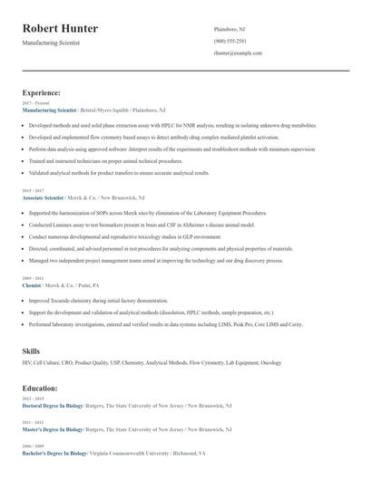 Manufacturing Scientist Resume