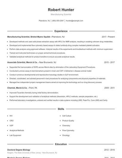 Manufacturing Scientist Resume