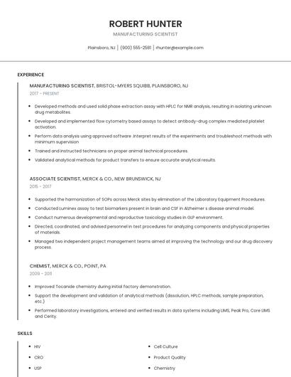 Manufacturing Scientist Resume