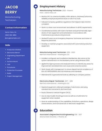 Manufacturing Technician Resume
