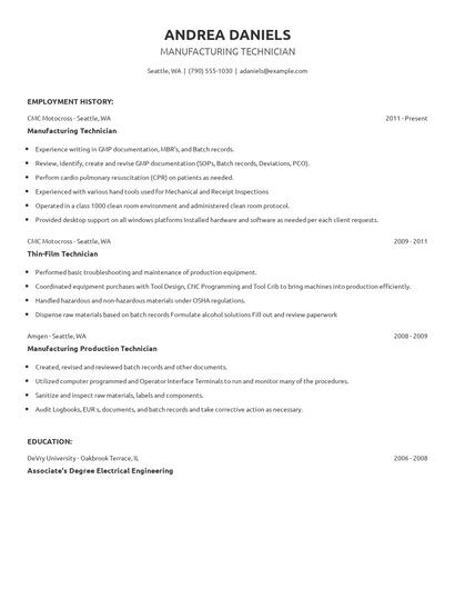 Manufacturing Technician Resume