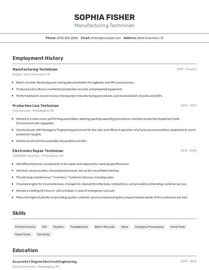 Manufacturing Technician Resume