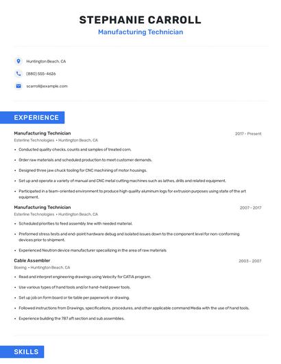 Manufacturing Technician Resume