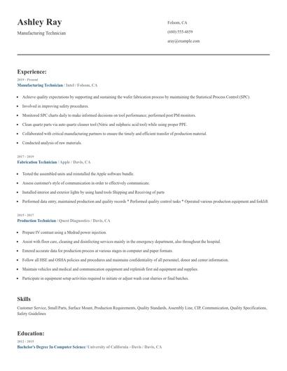 Manufacturing Technician Resume