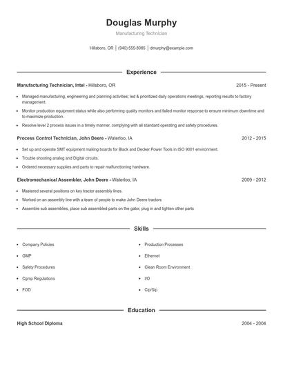 Manufacturing Technician Resume