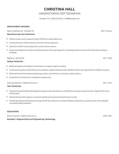 Manufacturing Test Technician Resume