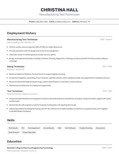 Manufacturing Test Technician Resume