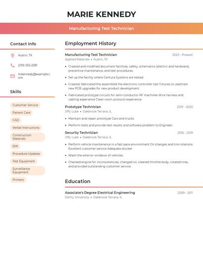 Manufacturing Test Technician Resume