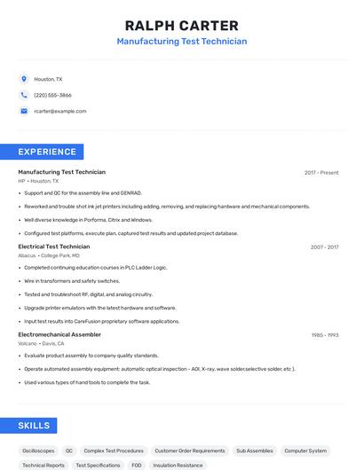 Manufacturing Test Technician Resume
