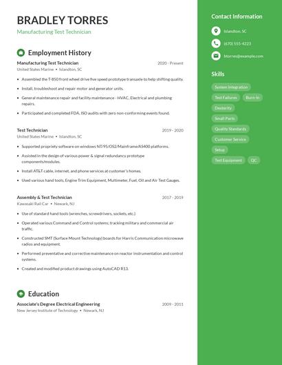 Manufacturing Test Technician Resume