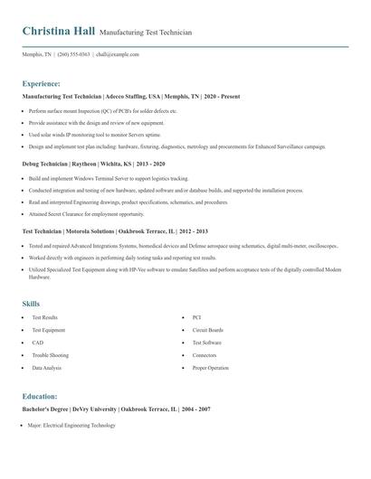 Manufacturing Test Technician Resume