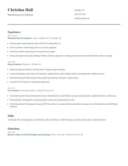 Manufacturing Test Technician Resume